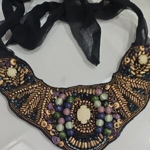 LOFT Tribal Beaded Bib Necklace in Black and Gold with Multi-Color Stones